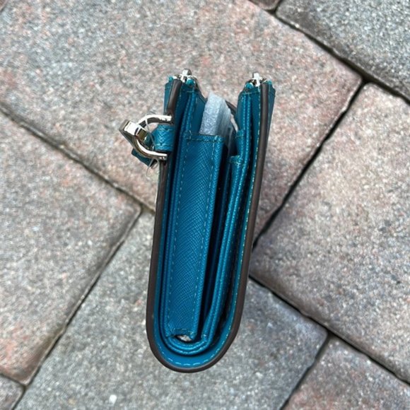 Michael Kors Large Double Zip Leather Wallet Wristlet Phone Case Lagoon - Picture 5 of 16